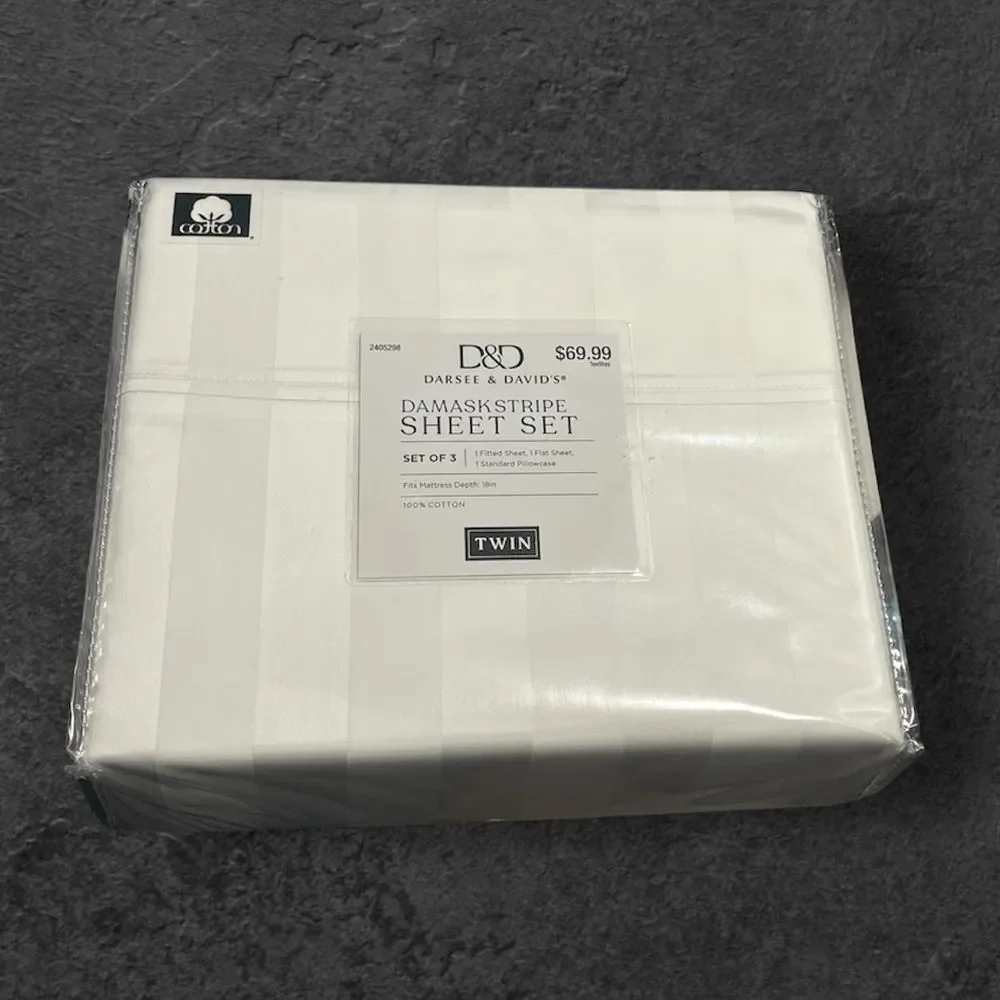 D&D Darsee & David's TWIN White Damask Striped Sheets Set 100 % Cotton 400 Count